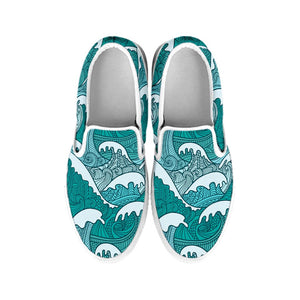 Surfing Wave Pattern Print White Slip On Sneakers