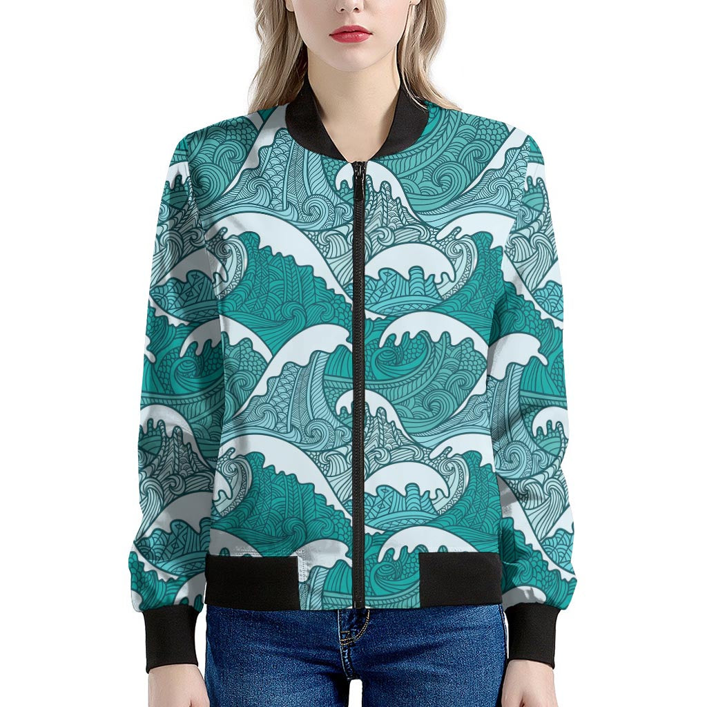 Surfing Wave Pattern Print Women's Bomber Jacket