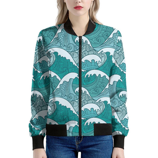 Surfing Wave Pattern Print Women's Bomber Jacket