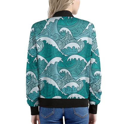 Surfing Wave Pattern Print Women's Bomber Jacket