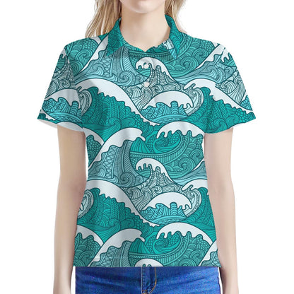 Surfing Wave Pattern Print Women's Polo Shirt