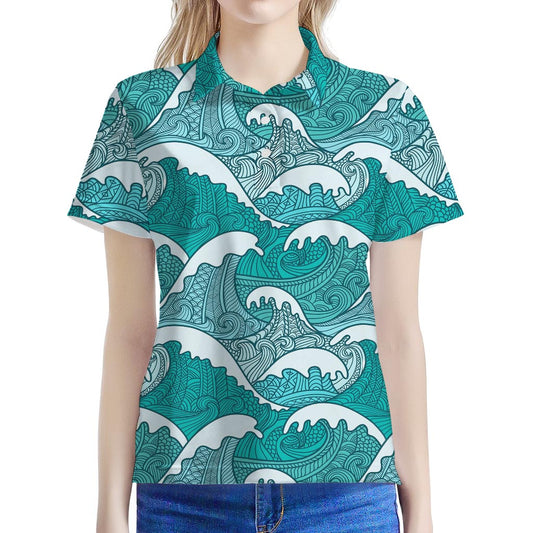 Surfing Wave Pattern Print Women's Polo Shirt