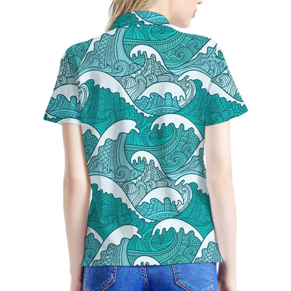 Surfing Wave Pattern Print Women's Polo Shirt
