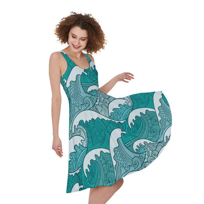 Surfing Wave Pattern Print Women's Sleeveless Dress