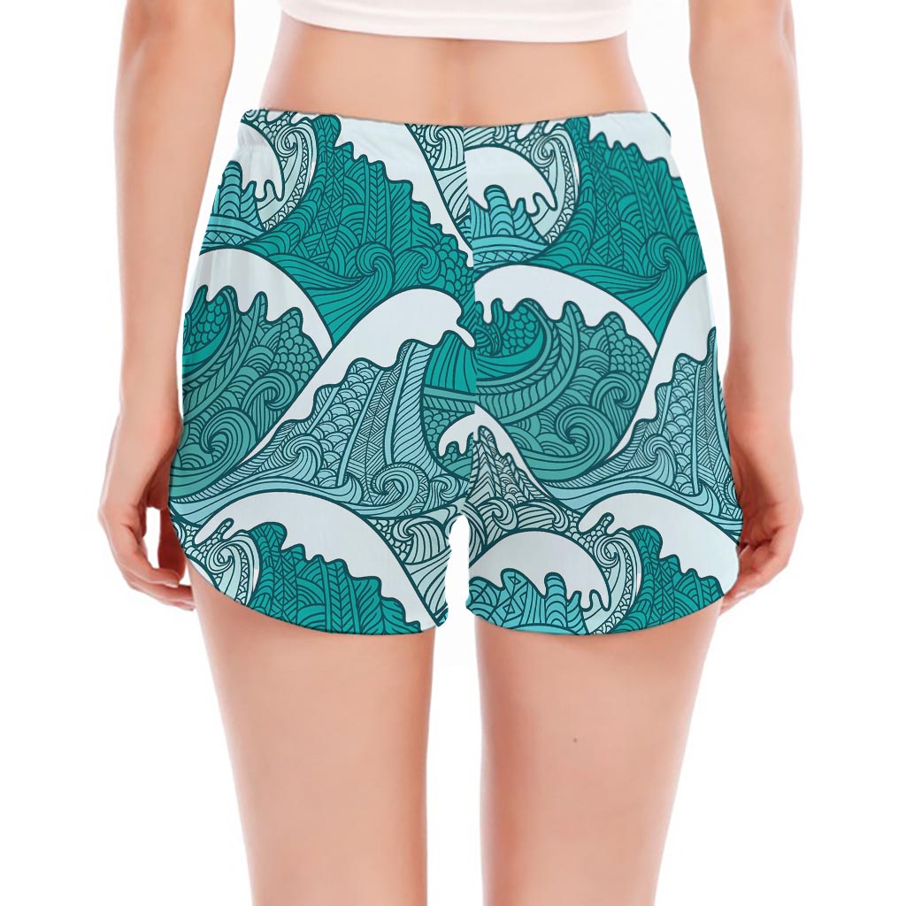 Surfing Wave Pattern Print Women's Split Running Shorts