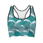 Surfing Wave Pattern Print Women's Sports Bra