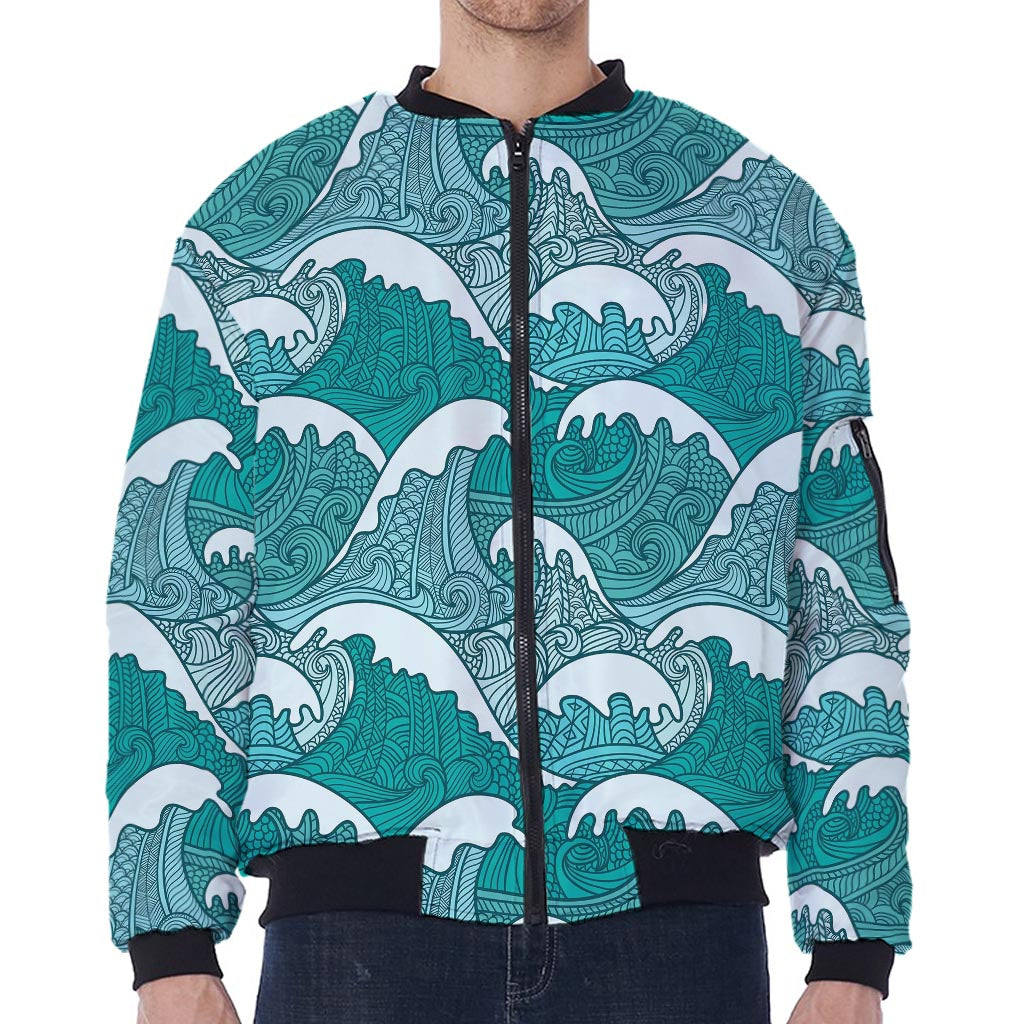 Surfing Wave Pattern Print Zip Sleeve Bomber Jacket