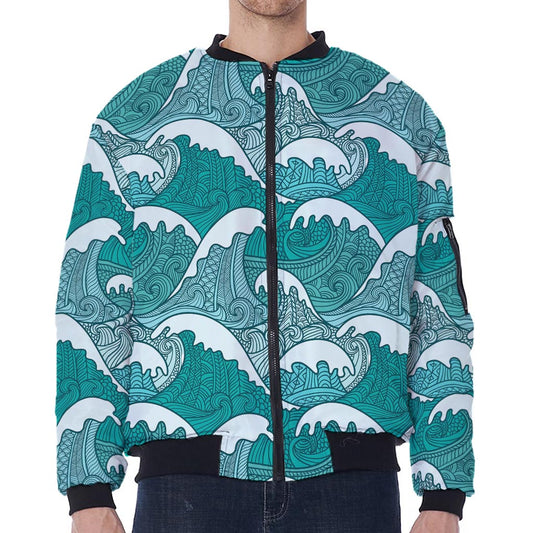 Surfing Wave Pattern Print Zip Sleeve Bomber Jacket