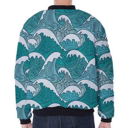 Surfing Wave Pattern Print Zip Sleeve Bomber Jacket