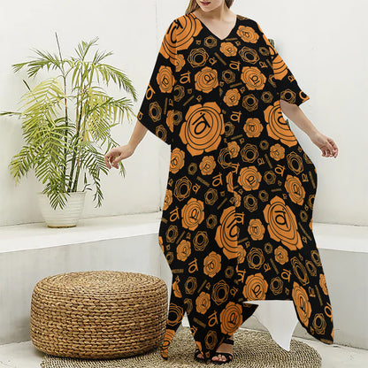 Swadhisthana Chakra Pattern Print Silk V-Neck Kaftan Dress
