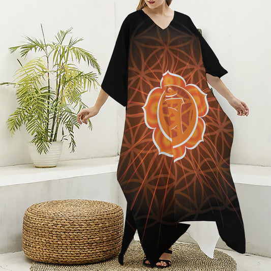 Swadhisthana Chakra Spiritual Print Silk V-Neck Kaftan Dress