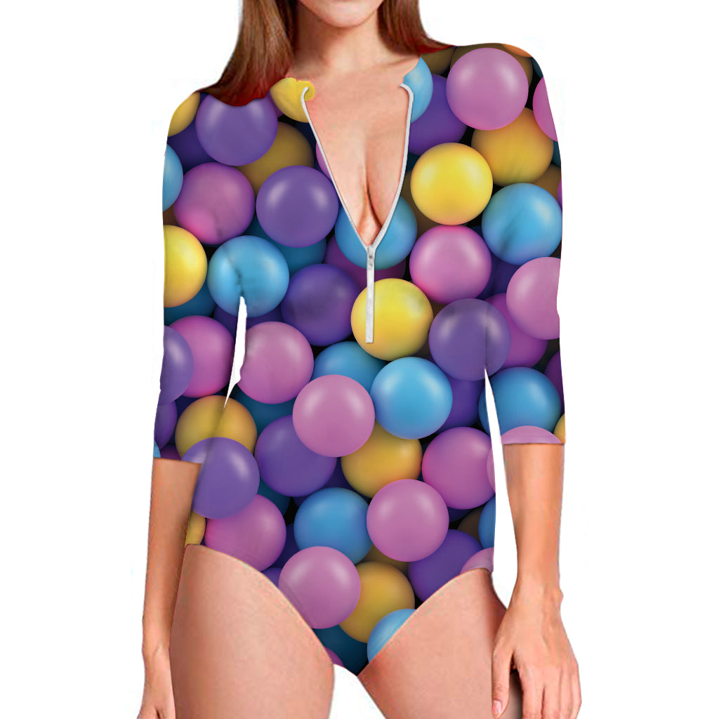 Sweet Candy Ball Pattern Print Long Sleeve Swimsuit