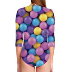 Sweet Candy Ball Pattern Print Long Sleeve Swimsuit