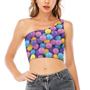 Sweet Candy Ball Pattern Print One Shoulder Crop Top