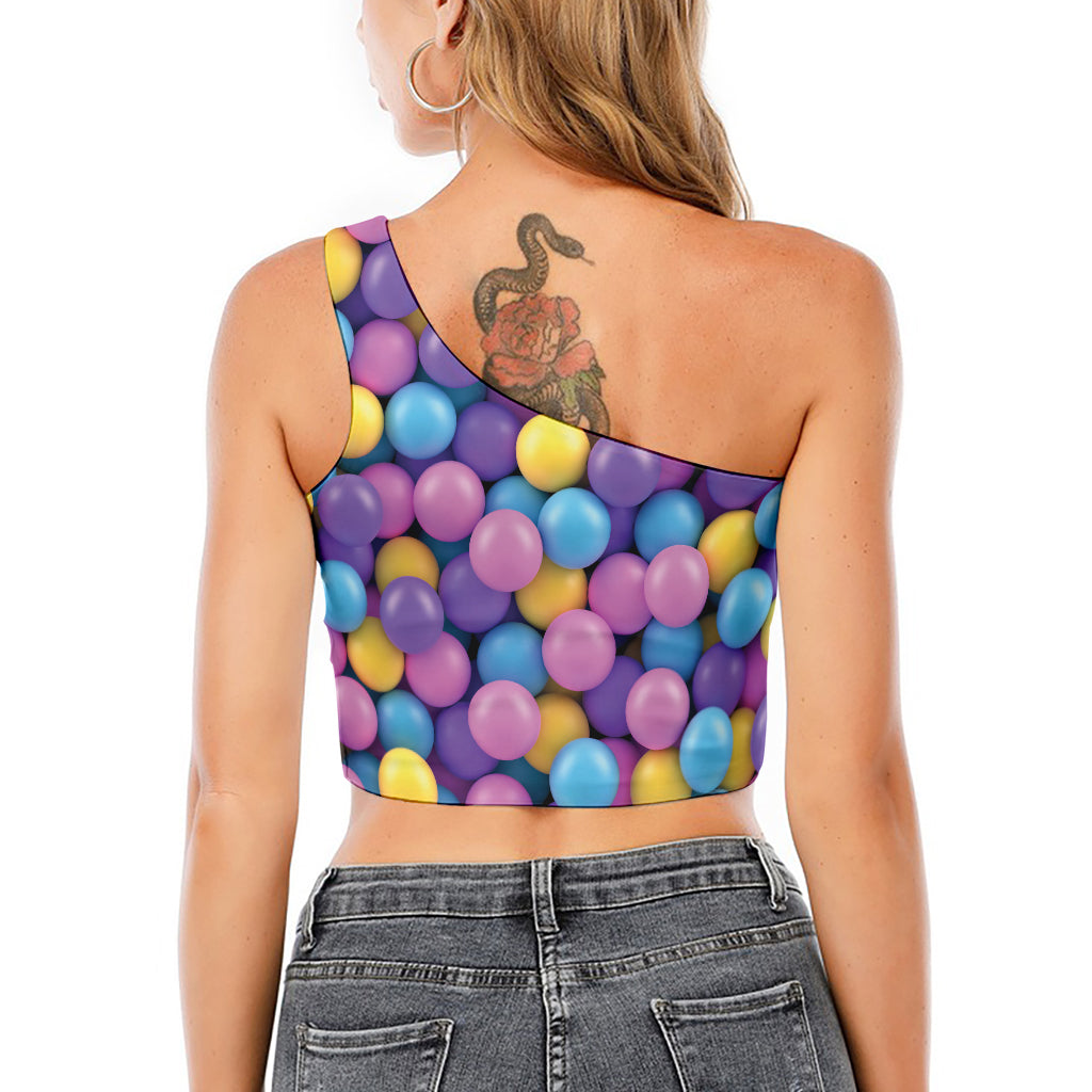 Sweet Candy Ball Pattern Print One Shoulder Crop Top