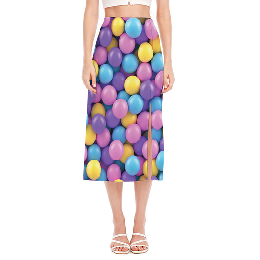 Sweet Candy Ball Pattern Print Side Slit Midi Skirt