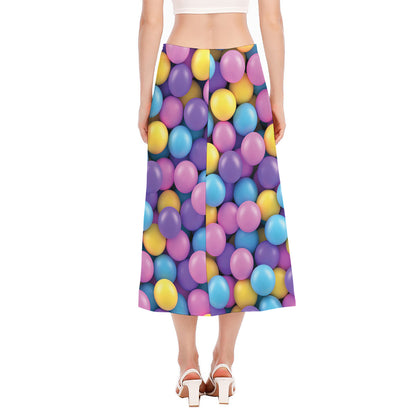 Sweet Candy Ball Pattern Print Side Slit Midi Skirt