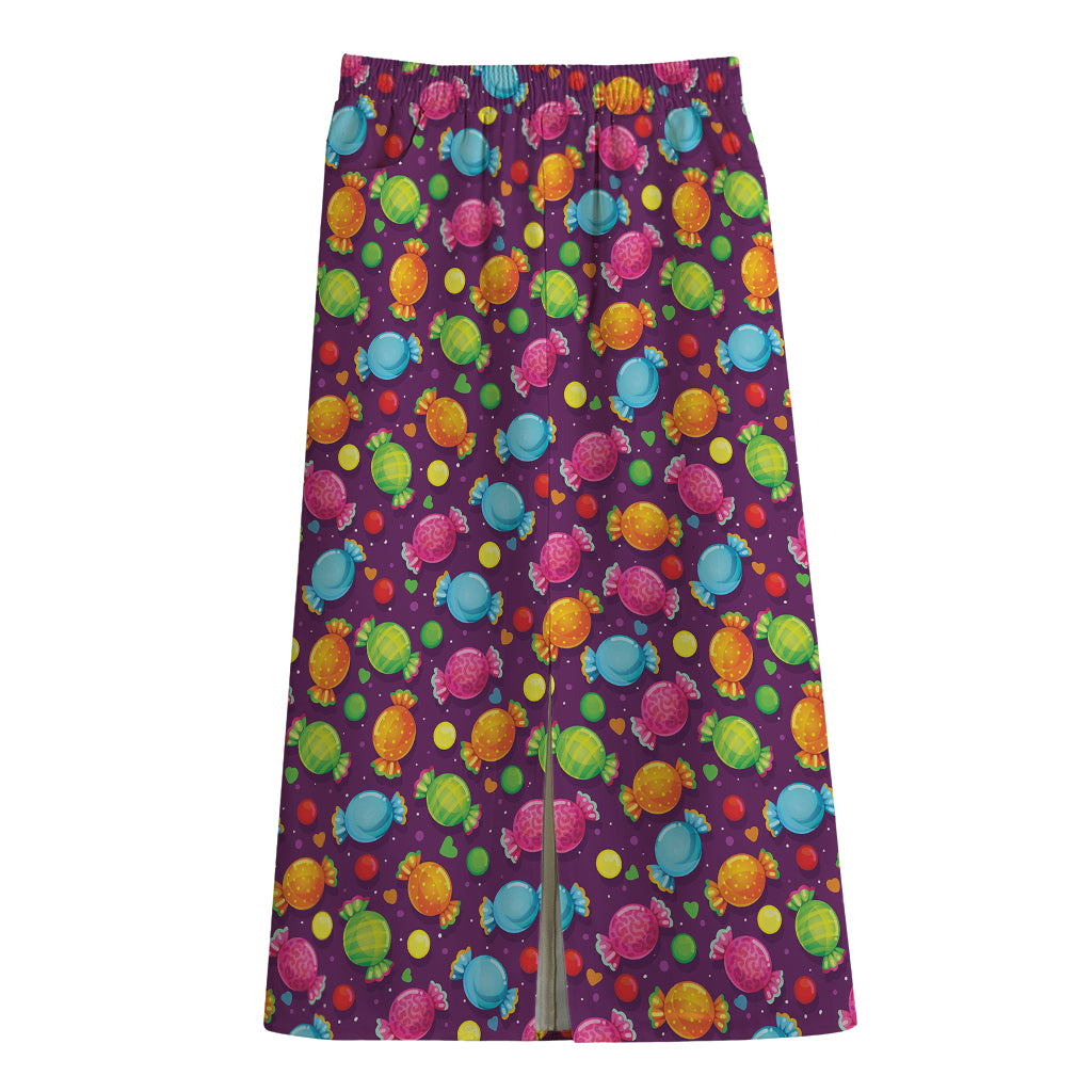 Sweet Candy Pattern Print Cotton Front Slit Maxi Skirt