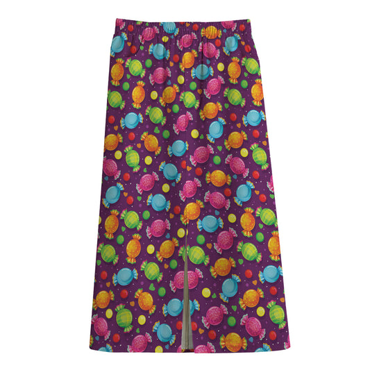 Sweet Candy Pattern Print Cotton Front Slit Maxi Skirt