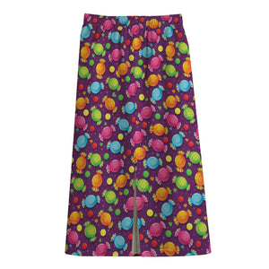 Sweet Candy Pattern Print Cotton Front Slit Maxi Skirt