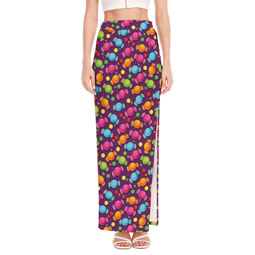 Sweet Candy Pattern Print High Slit Maxi Skirt