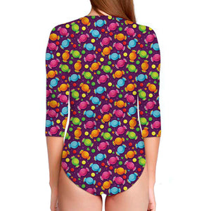 Sweet Candy Pattern Print Long Sleeve Swimsuit