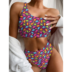 Sweet Candy Pattern Print One Shoulder Bikini Top