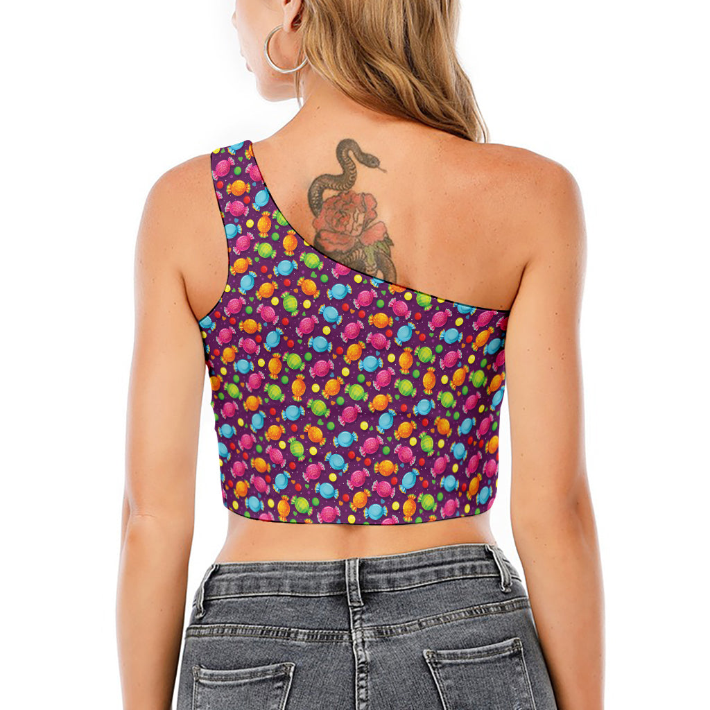 Sweet Candy Pattern Print One Shoulder Crop Top