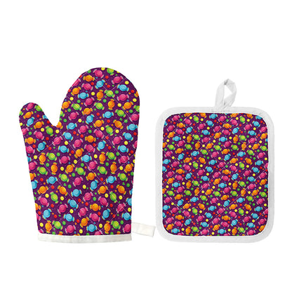 Sweet Candy Pattern Print Oven Mitt And Pot Holder Set