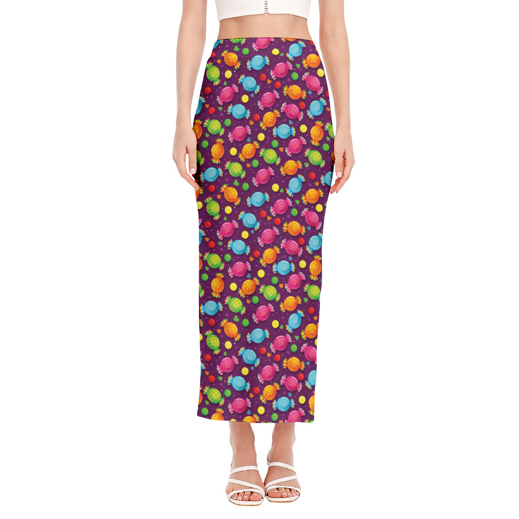 Sweet Candy Pattern Print Side Slit Maxi Skirt