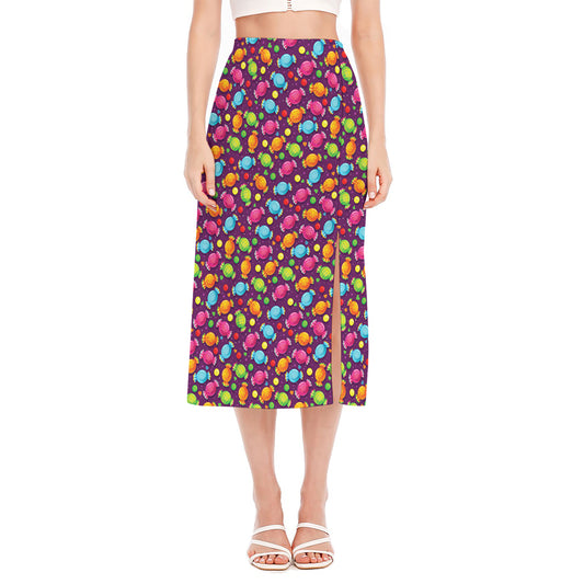 Sweet Candy Pattern Print Side Slit Midi Skirt