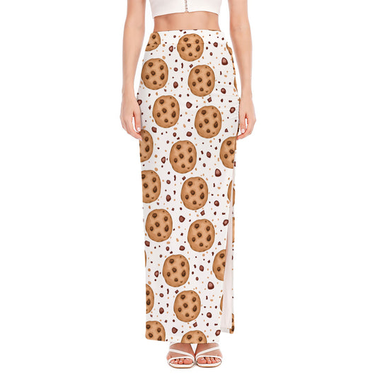 Sweet Cookie Pattern Print High Slit Maxi Skirt