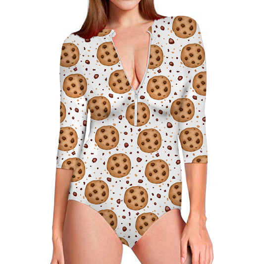 Sweet Cookie Pattern Print Long Sleeve Swimsuit