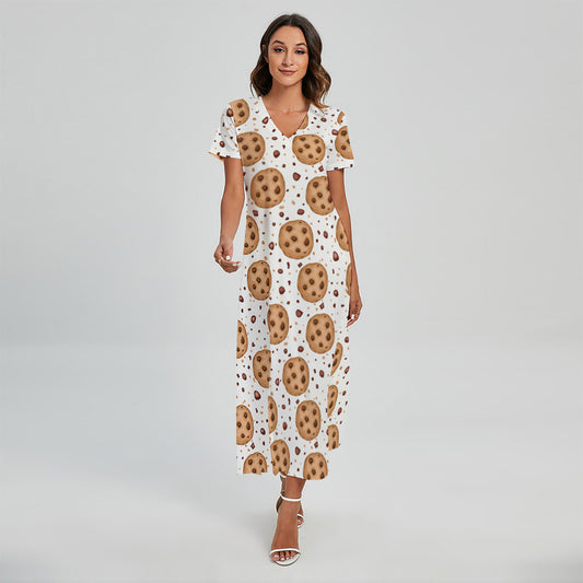 Sweet Cookie Pattern Print Short Sleeve Maxi Dress