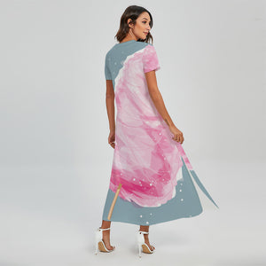 Sweet Cotton Candy Print Short Sleeve Maxi Dress