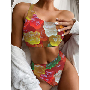 Sweet Gummy Bear Print One Shoulder Bikini Top