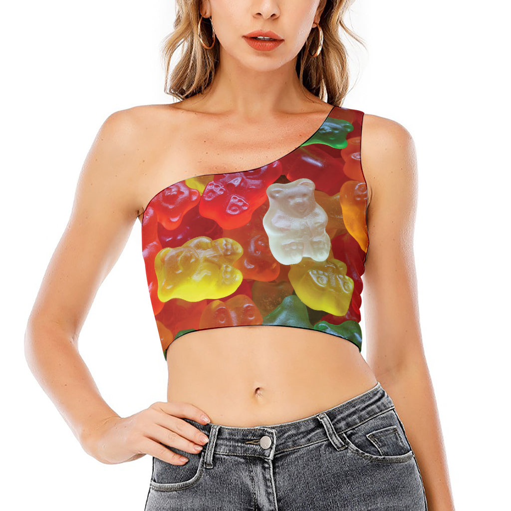 Sweet Gummy Bear Print One Shoulder Crop Top