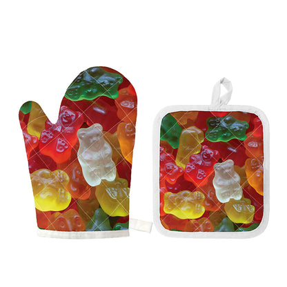 Sweet Gummy Bear Print Oven Mitt And Pot Holder Set
