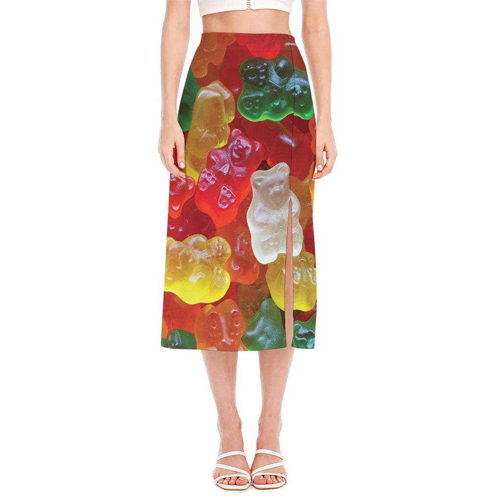 Sweet Gummy Bear Print Side Slit Midi Skirt