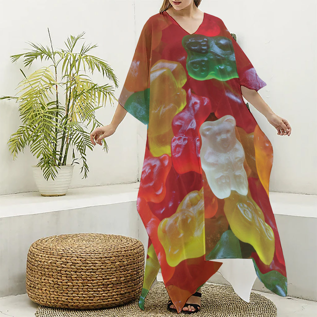 Sweet Gummy Bear Print Silk V-Neck Kaftan Dress