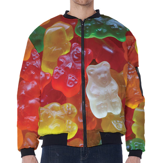 Sweet Gummy Bear Print Zip Sleeve Bomber Jacket