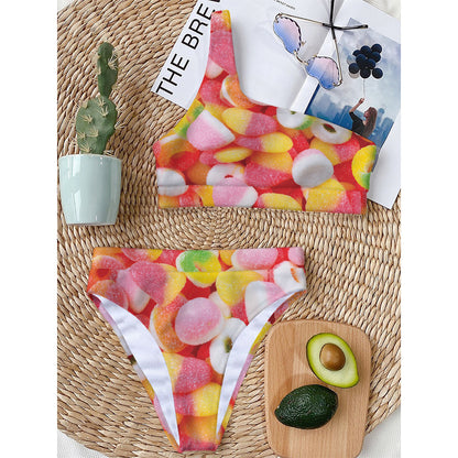 Sweet Gummy Print One Shoulder Bikini Top