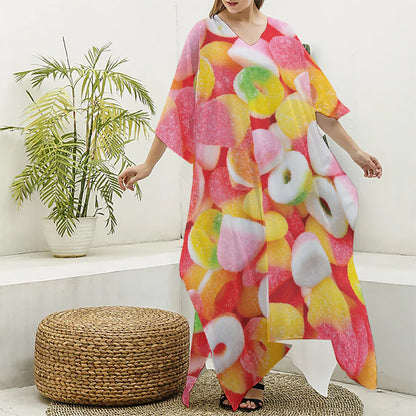 Sweet Gummy Print Silk V-Neck Kaftan Dress