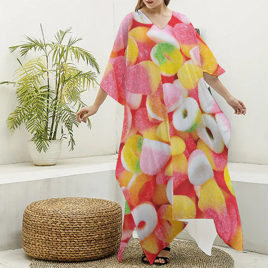 Sweet Gummy Print Silk V-Neck Kaftan Dress