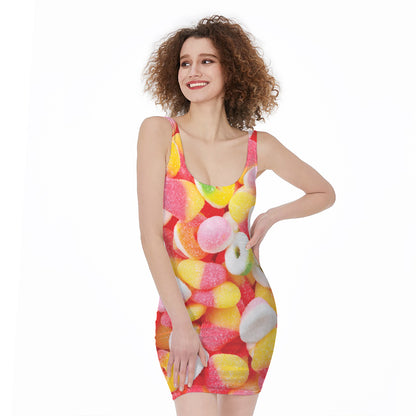 Sweet Gummy Print Sleeveless Bodycon Dress