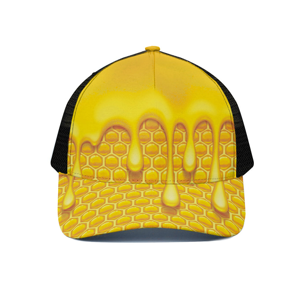 Sweet Honey Bee Hive Print Black Mesh Trucker Cap