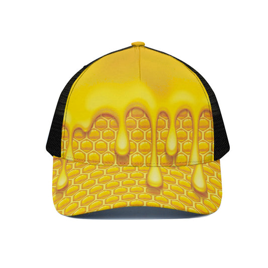 Sweet Honey Bee Hive Print Black Mesh Trucker Cap