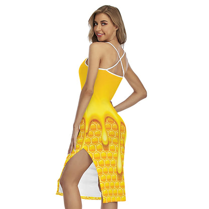 Sweet Honey Bee Hive Print Cross Back Cami Dress