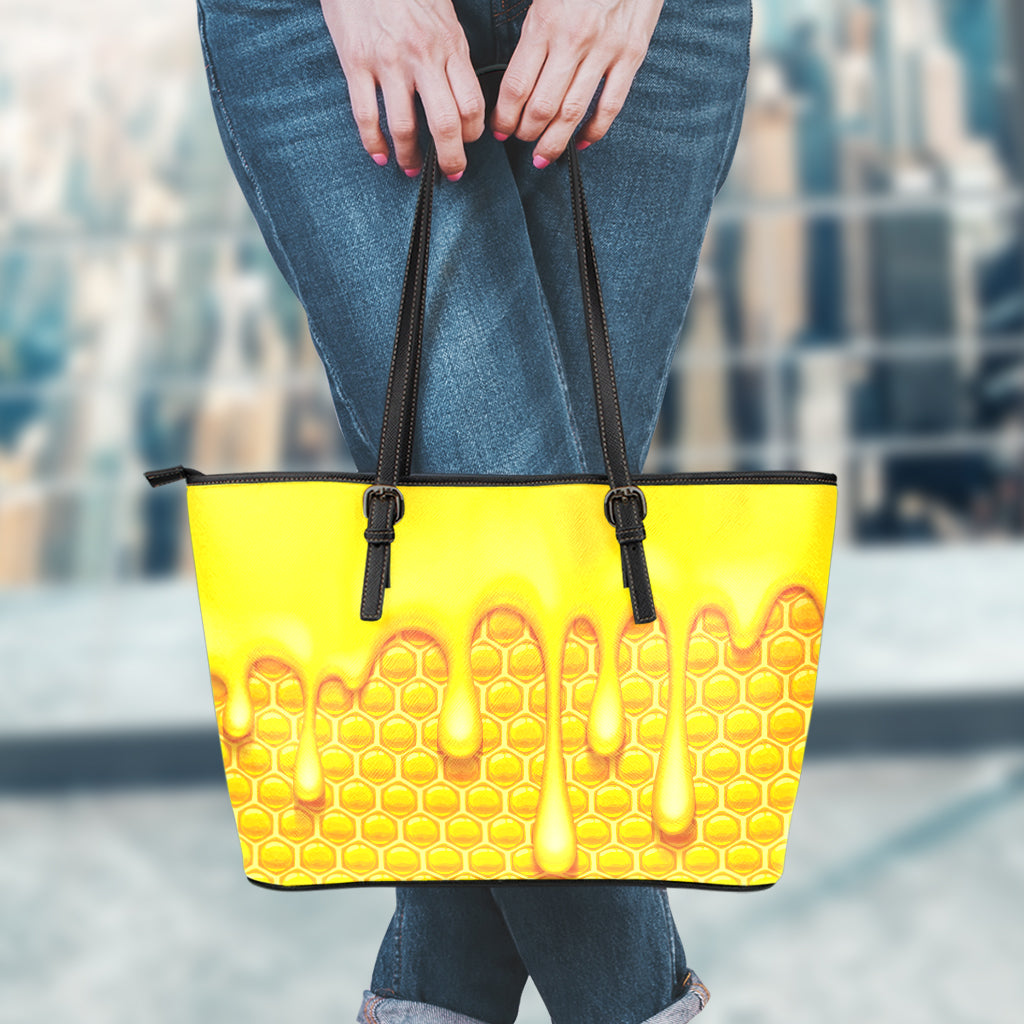 Sweet Honey Bee Hive Print Leather Tote Bag