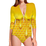 Sweet Honey Bee Hive Print Long Sleeve Swimsuit
